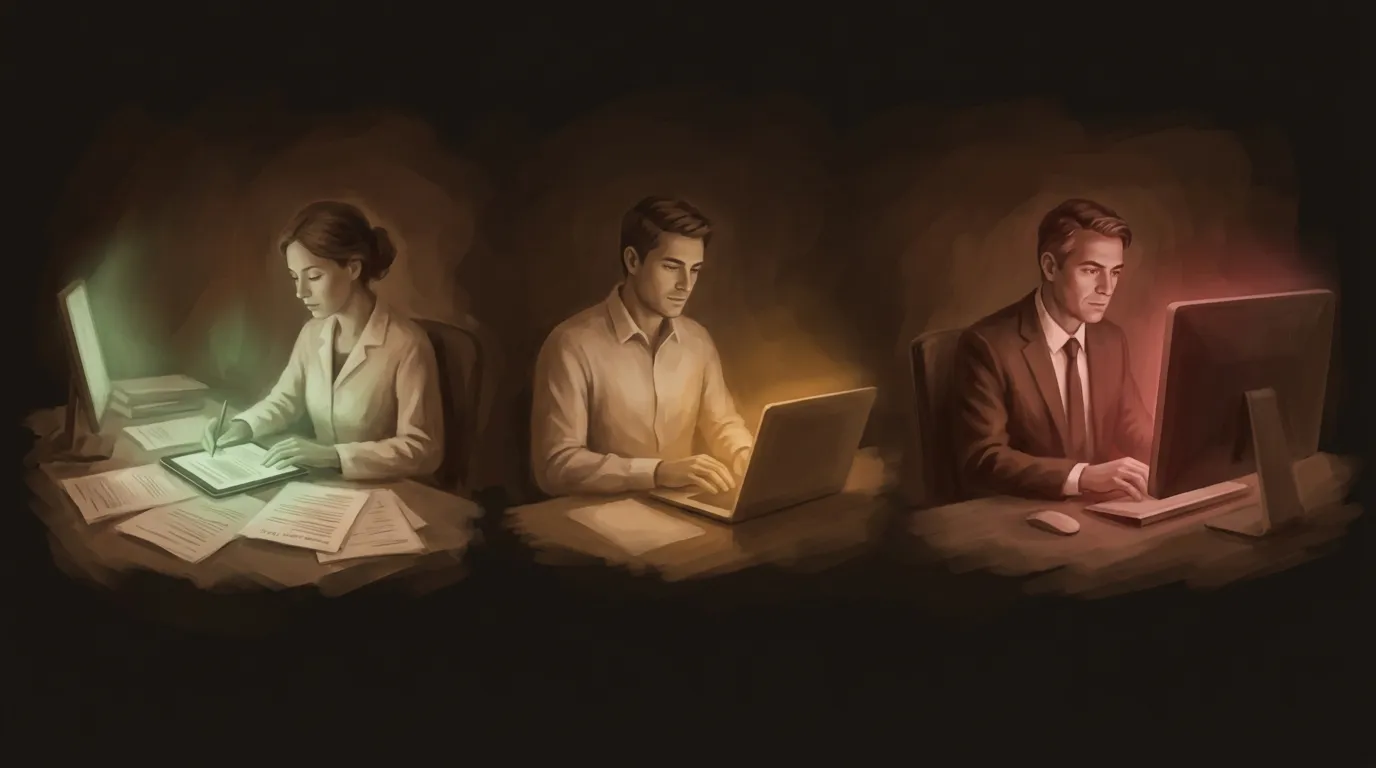 Three professionals using AI with different data sensitivity levels — public, internal, and privileged