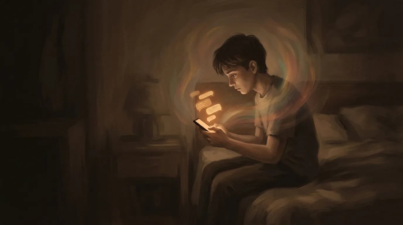 Teenager sharing emotions with an AI companion chatbot late at night
