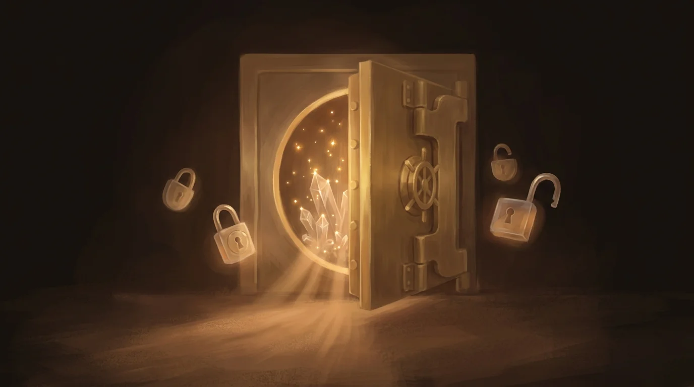 A golden vault door slightly ajar with crystalline data structures inside — precious information kept safe through careful stewardship