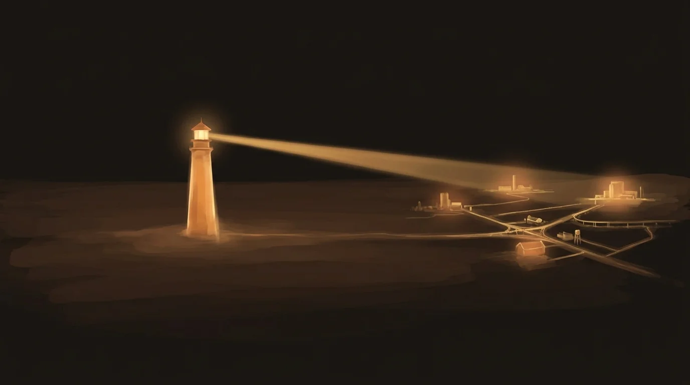 A steady amber lighthouse sweeping its beam across golden infrastructure on a dark plain — constant vigilance and reliability