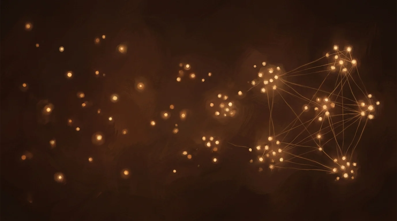 Scattered golden points of light gradually organizing into structured clusters connected by warm threads — knowledge accumulating from chaos into structure