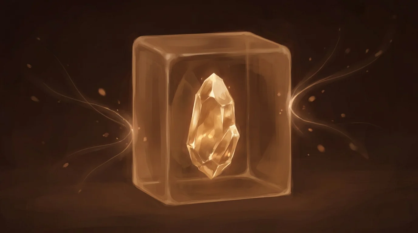 A luminous golden crystal growing inside a sealed translucent vault — protected knowledge accumulating in private, visible but untouchable from the outside