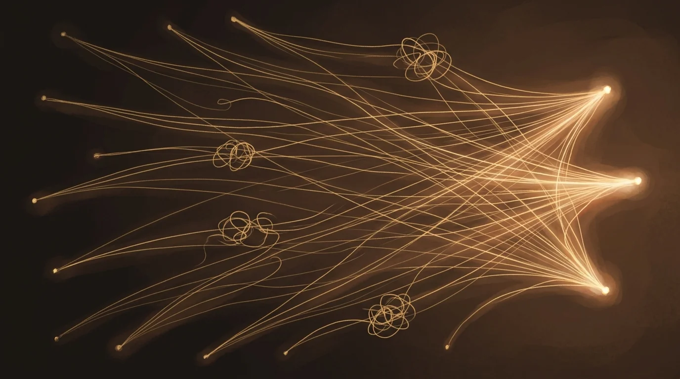Converging threads of light with tangled, overlapping zones where multiple paths redundantly trace the same ground — the cost of sibling agents that can't see each other's work