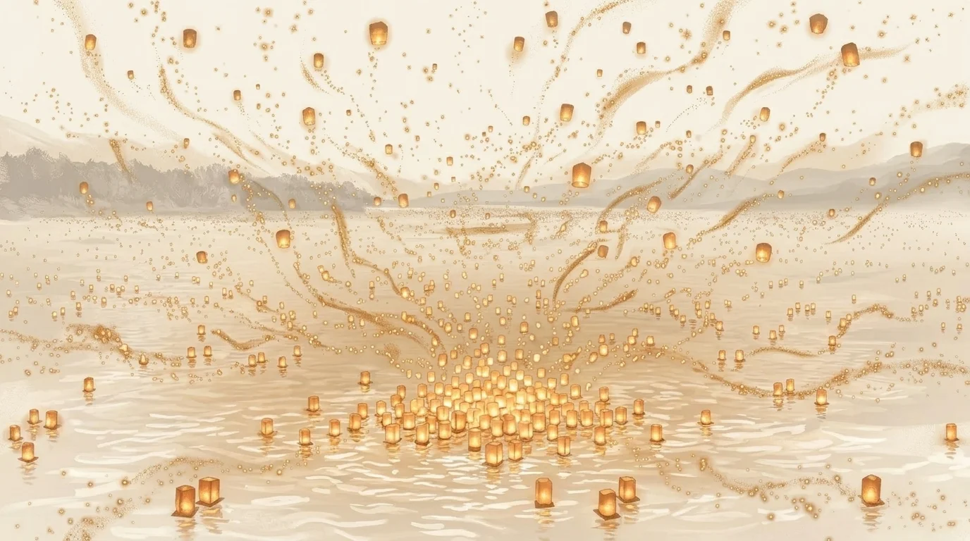 A dense flotilla of glowing paper lanterns spreading outward from a single source across dark water, each spawning smaller lights in its wake — the open-weight flood and its derivative ecosystem
