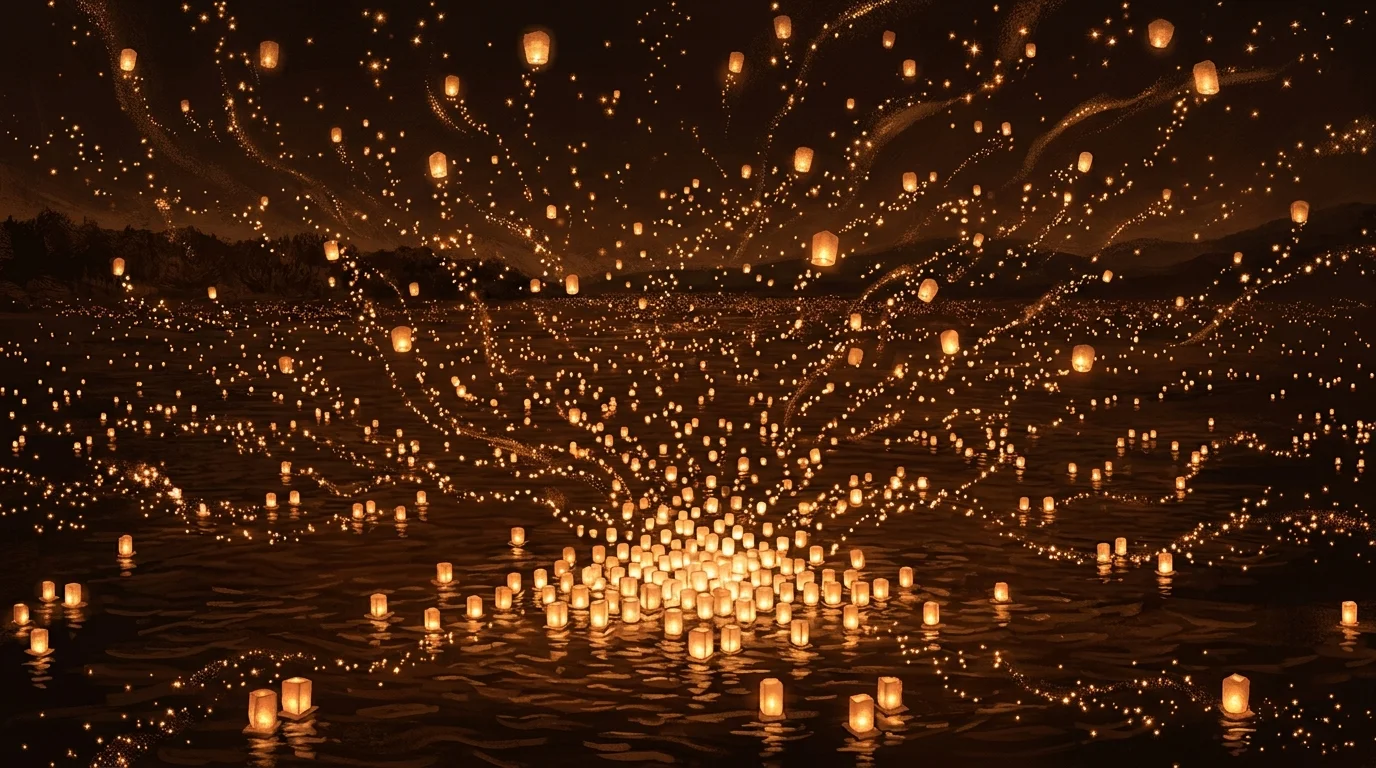 A dense flotilla of glowing paper lanterns spreading outward from a single source across dark water, each spawning smaller lights in its wake — the open-weight flood and its derivative ecosystem
