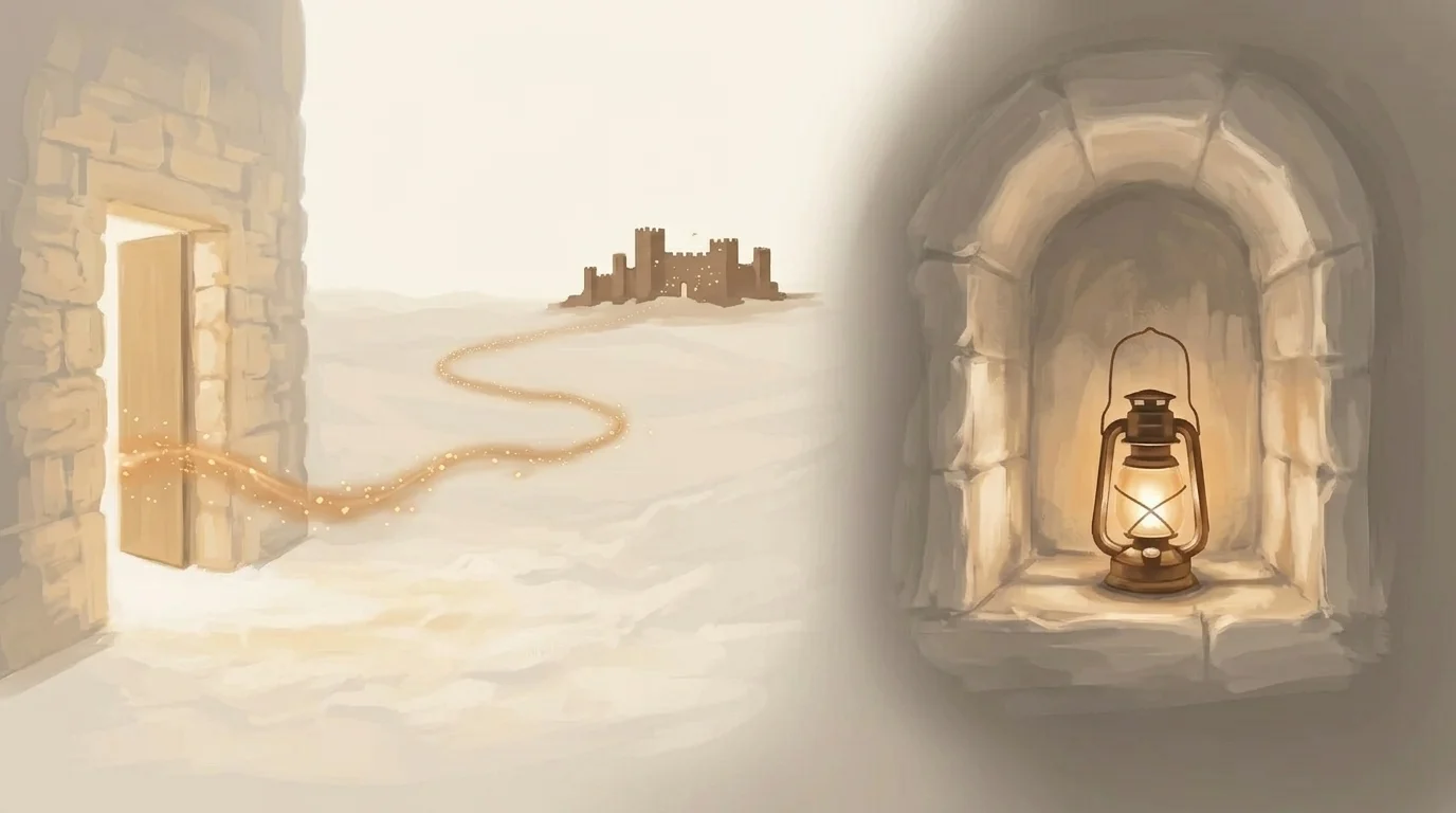 Two scenes divided by shadow: a stream of light leaving an open door toward a distant fortress, and a self-contained lantern whose light never leaves its stone alcove — hosted services versus self-hosted weights