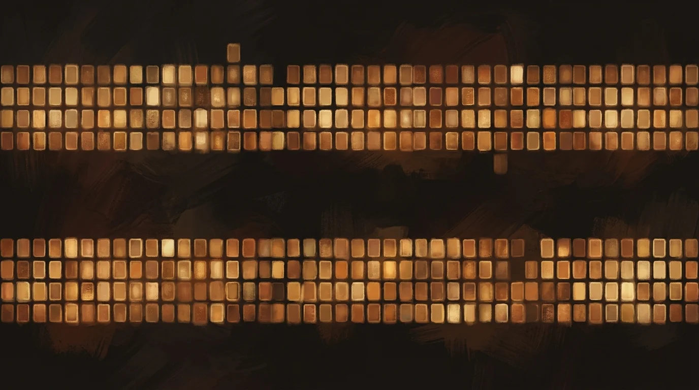 Two dense banks of glowing tiles that mirror each other almost exactly — until you notice several have swapped places and changed brightness