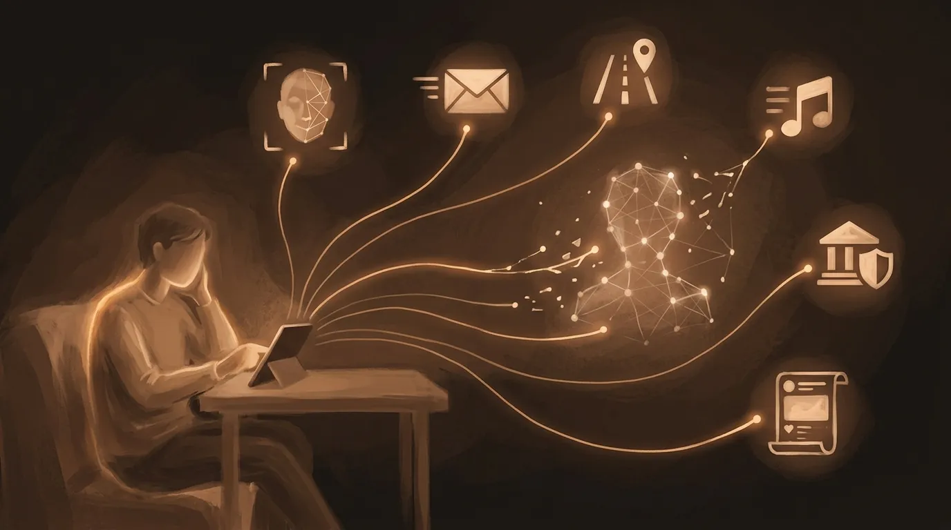 Everyday AI touchpoints — phone unlock, email, maps, streaming, banking — all feeding a personal data profile