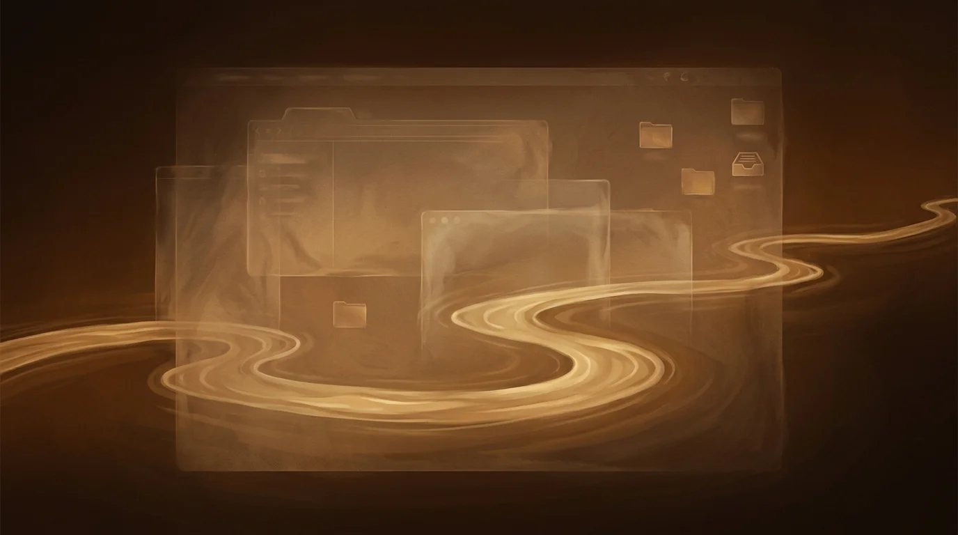 A translucent ghost-image of a desktop interface — windows, folders, an inbox icon — fading like watermarks on warm parchment, while underneath it a single continuous golden river flows uninterrupted from edge to edge.