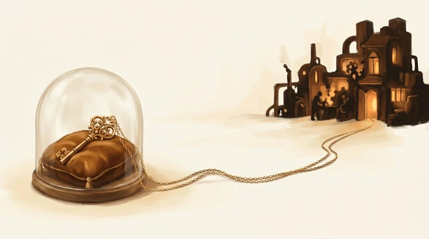 An ornate key displayed under a glass dome on a velvet cushion, connected by a long golden chain to a distant glowing workshop where machinery turns — key custody on one side, the working plaintext on the other