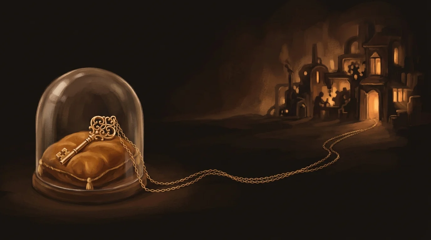 An ornate key displayed under a glass dome on a velvet cushion, connected by a long golden chain to a distant glowing workshop where machinery turns — key custody on one side, the working plaintext on the other
