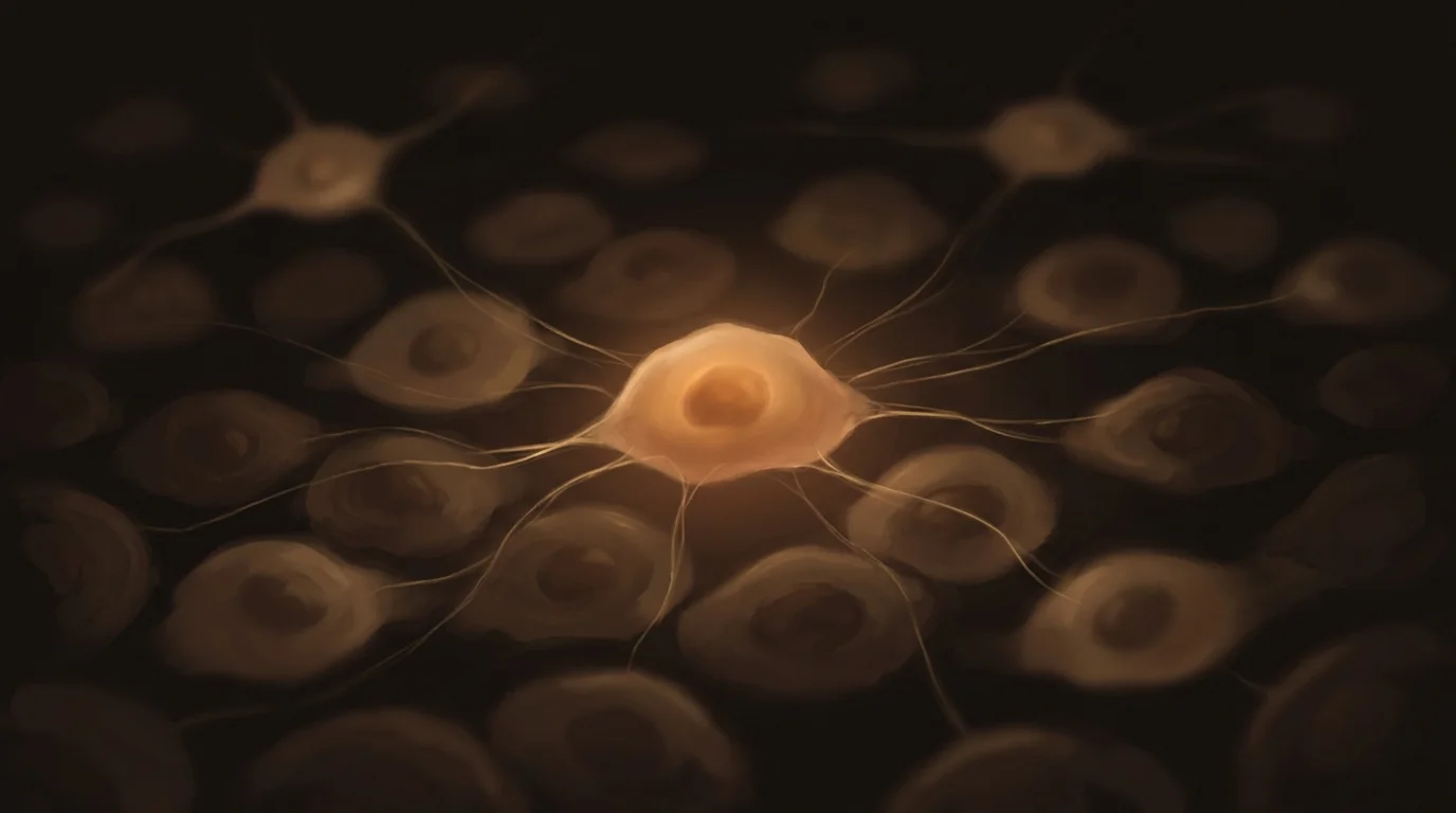 A single luminous cell at the center of a quiet field of dimmer cells, golden threads radiating outward — the cell as the place where thought happens for two generations of business.