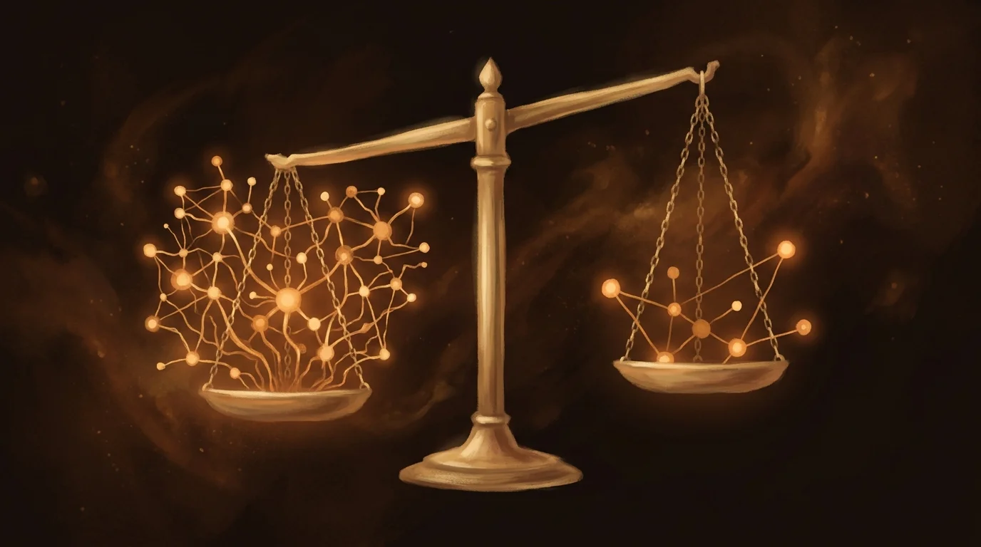 A golden balance scale with one side holding a dense cluster of interconnected nodes (representing a complex AI system) and the other side holding a simpler, smaller arrangement — illustrating the risk-proportionate approach of the AI Act