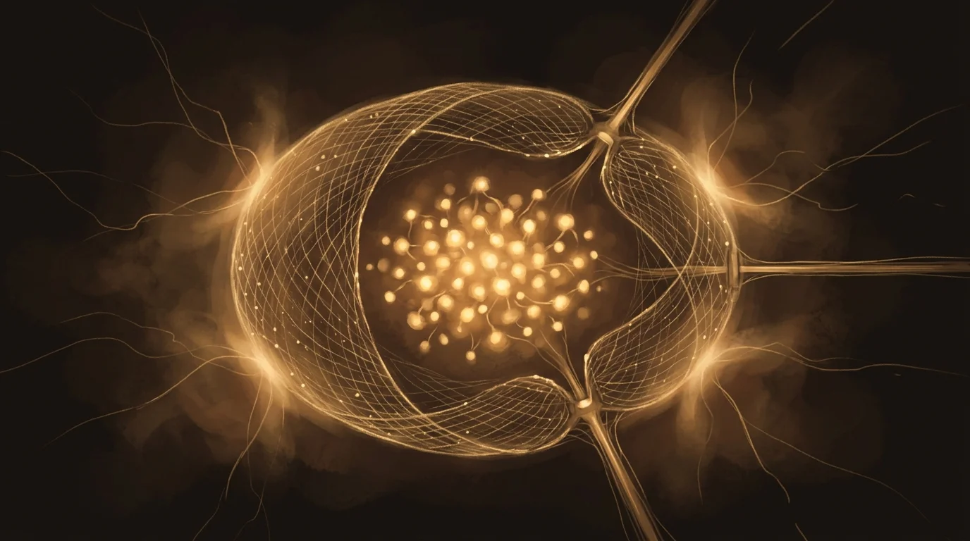 A secure mesh cocoon surrounding a cluster of bright nodes — controlled golden pathways are the only way through the protective boundary