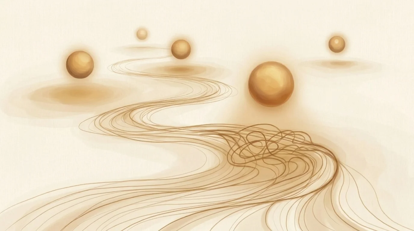 Golden sentinel orbs hovering above a river of data threads, one glowing brighter as it detects an anomalous pattern below