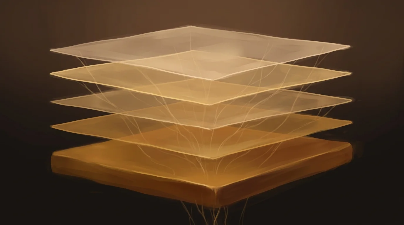 Layers of translucent golden planes stacked vertically — firmware at the bottom, hypervisor above, then OS, then application — with faint tendrils reaching from the bottom layers up through all the others, showing how deep infrastructure access permeates every level