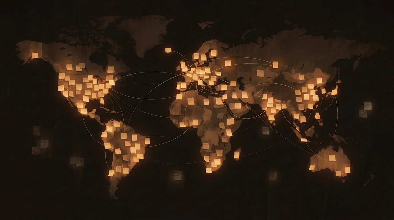 Clusters of glowing research notes on a dark wall, connected by faint golden threads — a researcher's working surface seen from a distance
