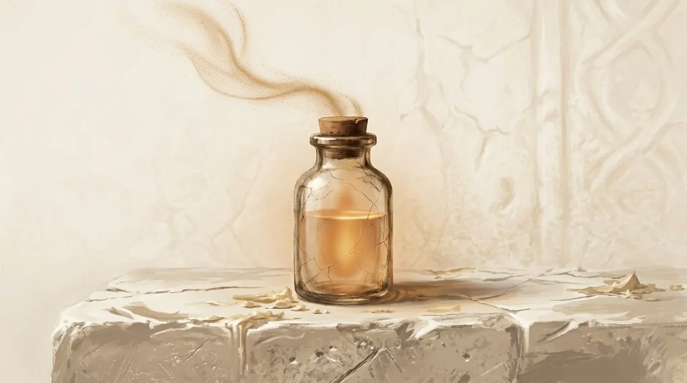 A row of warm-glass vials on a long stone shelf, each holding a captured beam of golden light — the leftmost vial showing a faint hairline crack spreading across the glass while the others remain sealed. Time eroding the seal on what was once safely contained.