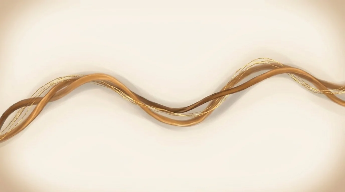 Two warm-toned strands — one a steady amber filament, the other a thread of finer interleaved gold light — winding around each other along the length of a dark space, supporting one another. A weave that holds when either strand is cut.