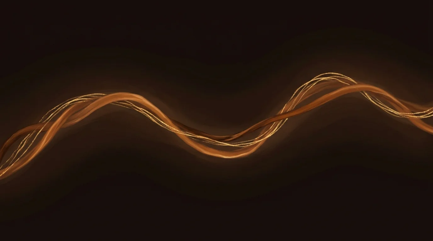 Two warm-toned strands — one a steady amber filament, the other a thread of finer interleaved gold light — winding around each other along the length of a dark space, supporting one another. A weave that holds when either strand is cut.