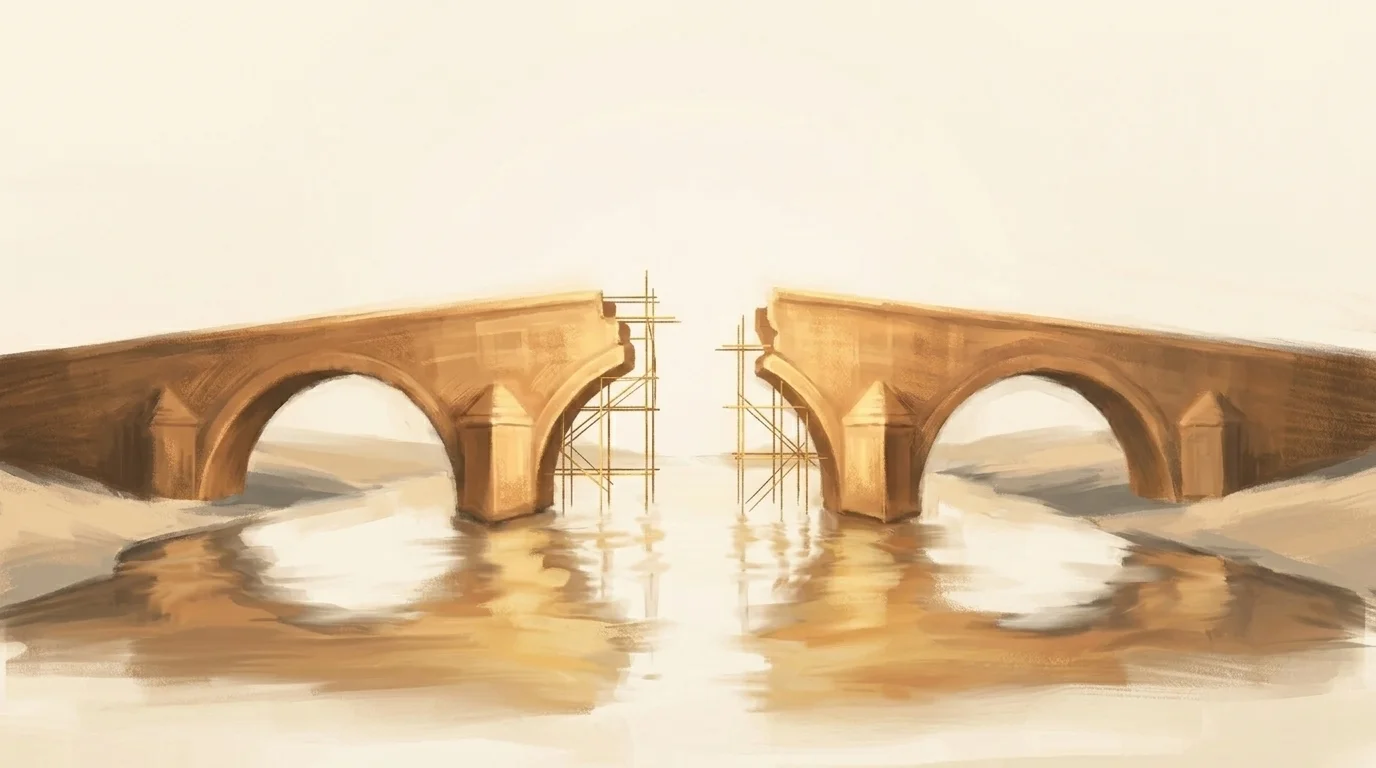Two mirrored bridge halves extending toward each other across a dark river, golden scaffolding around the unfinished gap — the EU and US converging on the same extraterritorial tool