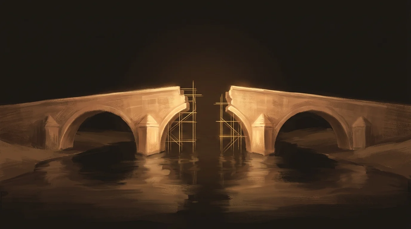 Two mirrored bridge halves extending toward each other across a dark river, golden scaffolding around the unfinished gap — the EU and US converging on the same extraterritorial tool
