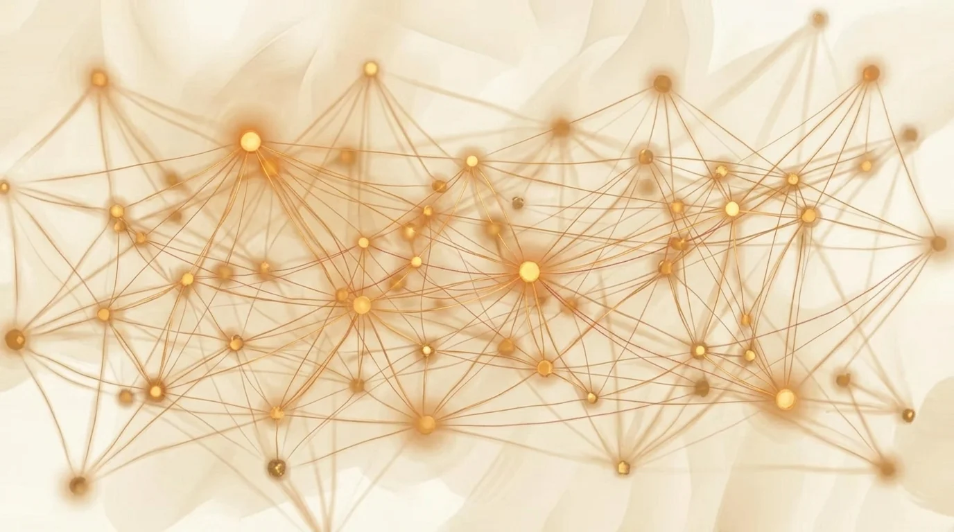 Dense network of interconnected golden nodes, some glowing bright and steady (high trust), others flickering faintly (low trust), with thin amber threads connecting corroborating sources