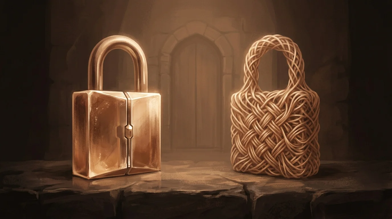 Two warm-glass locks set side by side on a stone surface — the left lock built from a single dense crystalline core that gleams brightly from a hardware seam, the right lock woven from finer interlocking strands of the same warm material that wraps continuously across both sides of a doorway. Two ways to seal the same threshold; only one reproduces on every door.