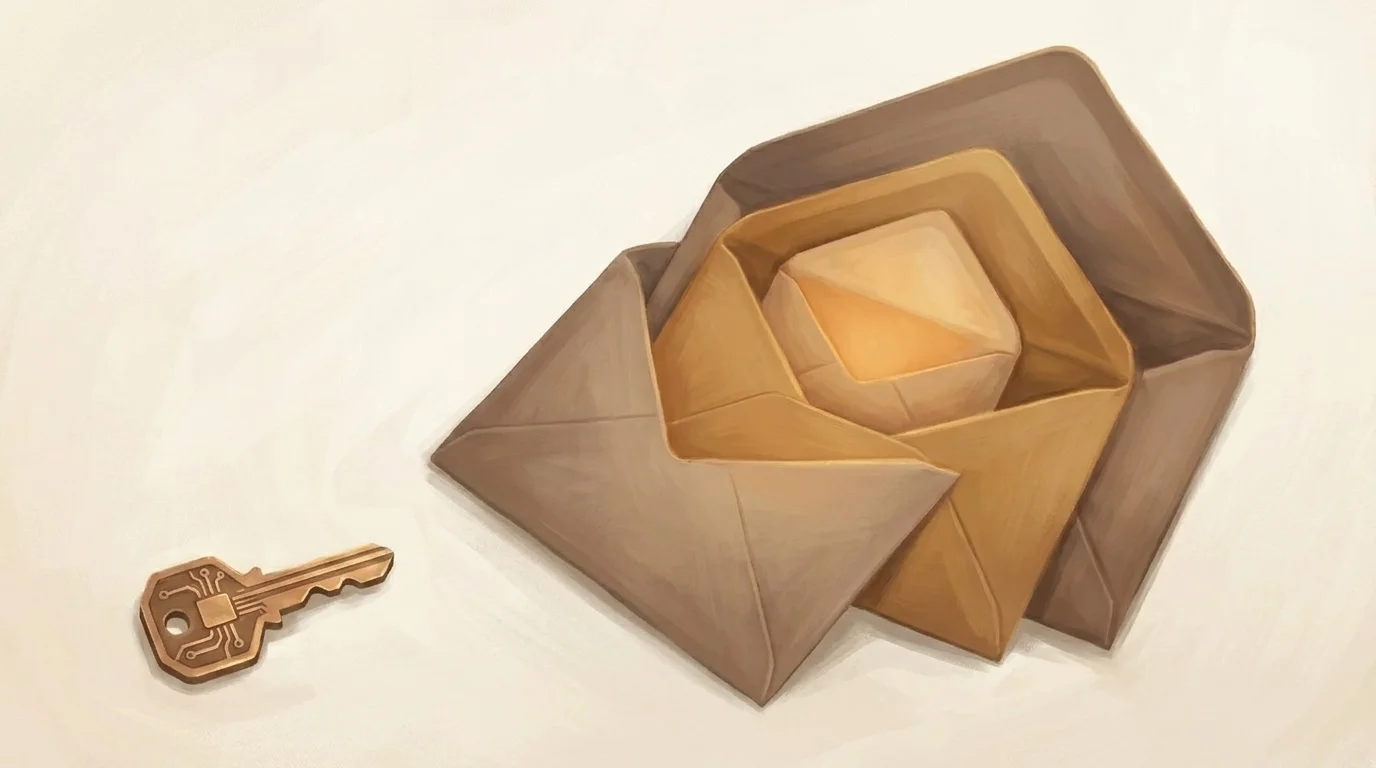Three nested envelopes set against a dark warm background, each one glowing slightly more amber than the one outside it, all opening from a single warm key shaped like a small device chip — the innermost envelope holding a steady kernel of golden light that the outer two enclose without ever touching. The wrap chain made literal: the device unlocks the outermost envelope, which holds the next, which holds the data.