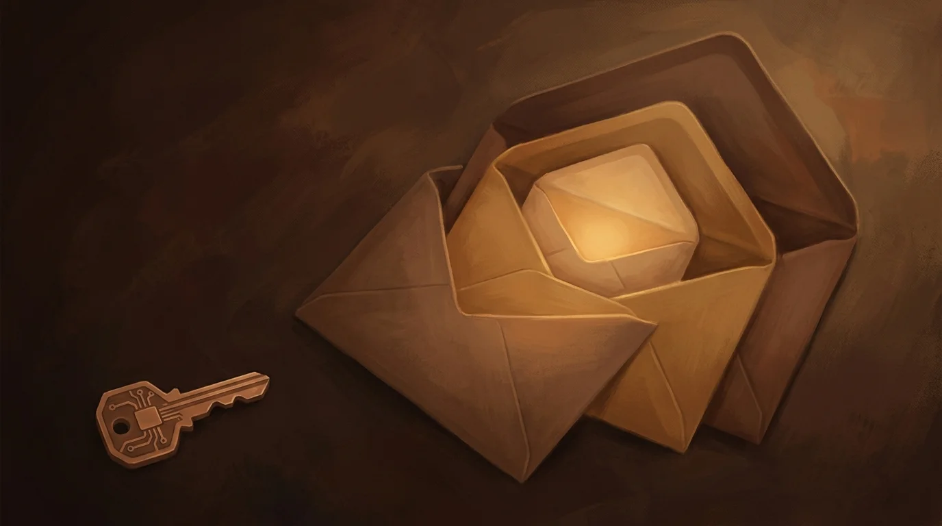 Three nested envelopes set against a dark warm background, each one glowing slightly more amber than the one outside it, all opening from a single warm key shaped like a small device chip — the innermost envelope holding a steady kernel of golden light that the outer two enclose without ever touching. The wrap chain made literal: the device unlocks the outermost envelope, which holds the next, which holds the data.