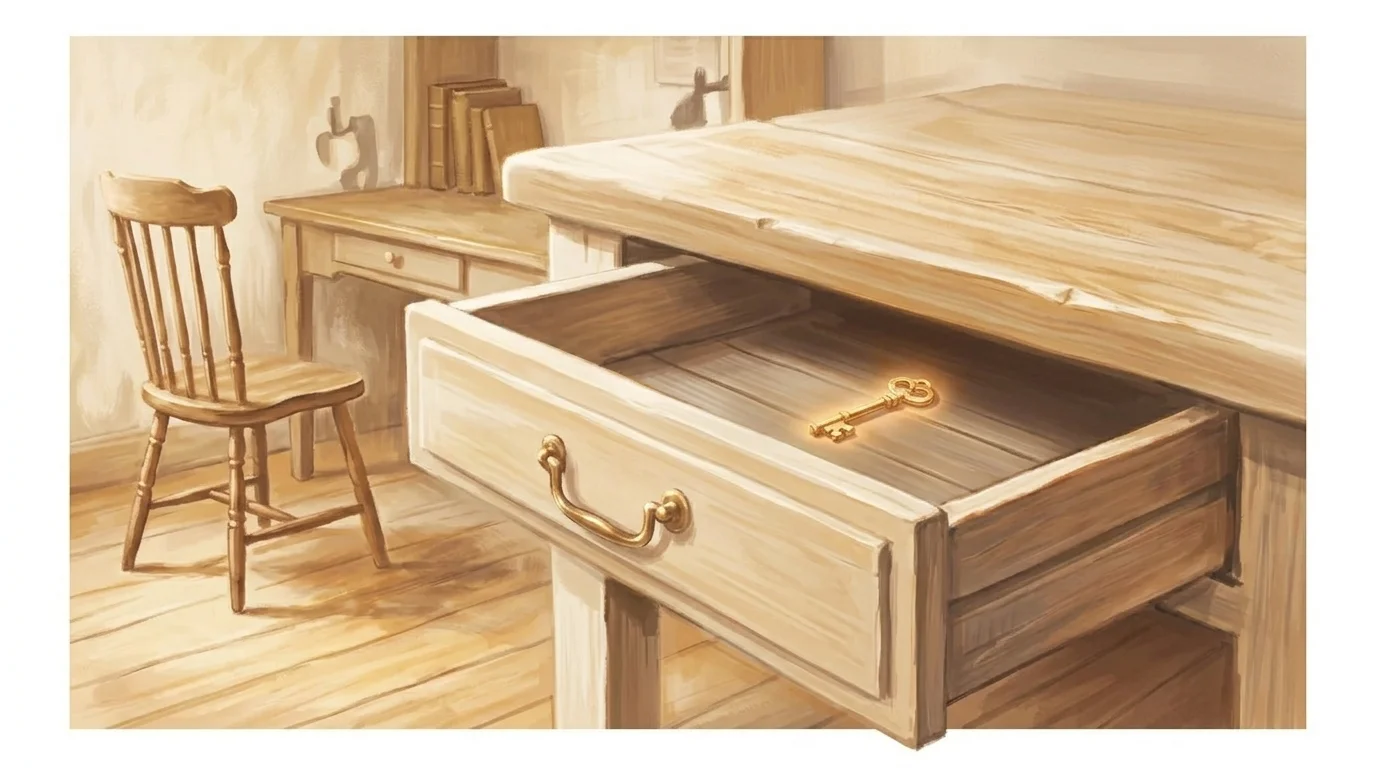 A weathered wooden desk drawer set in a warm room, its interior glowing softly with a single golden key resting inside — the drawer caught mid-motion as it slides shut, the warm light dimming as it disappears beneath the desktop. A chair pushed back from the desk, the room quiet behind. The key existed only as long as someone was at the desk.