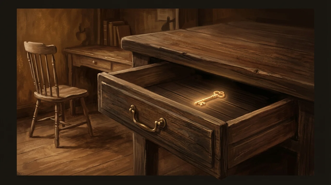 A weathered wooden desk drawer set in a warm room, its interior glowing softly with a single golden key resting inside — the drawer caught mid-motion as it slides shut, the warm light dimming as it disappears beneath the desktop. A chair pushed back from the desk, the room quiet behind. The key existed only as long as someone was at the desk.