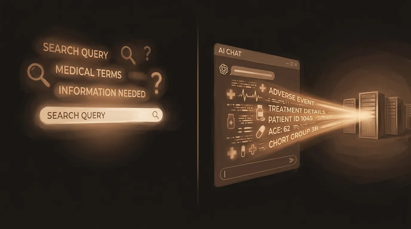 Comparison of a generic search query versus an AI prompt containing embedded patient data