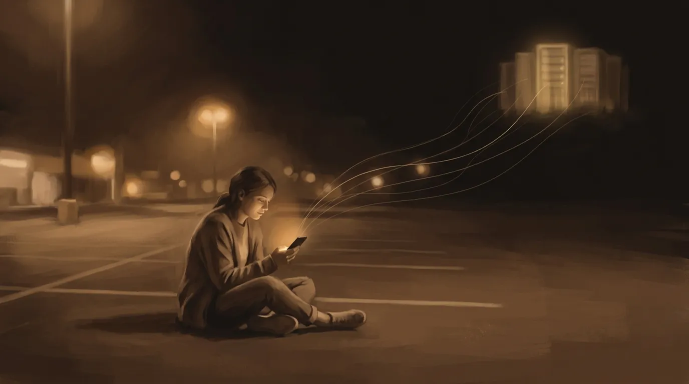 Person researching a personal health diagnosis on their phone, data flowing to distant servers