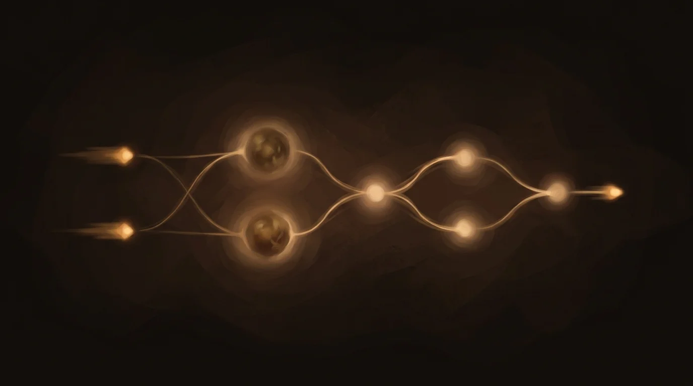 Six distinct roles arranged in a flowing pipeline — small fast nodes on the edges, large glowing cores in the center, connected by warm golden threads against a dark background