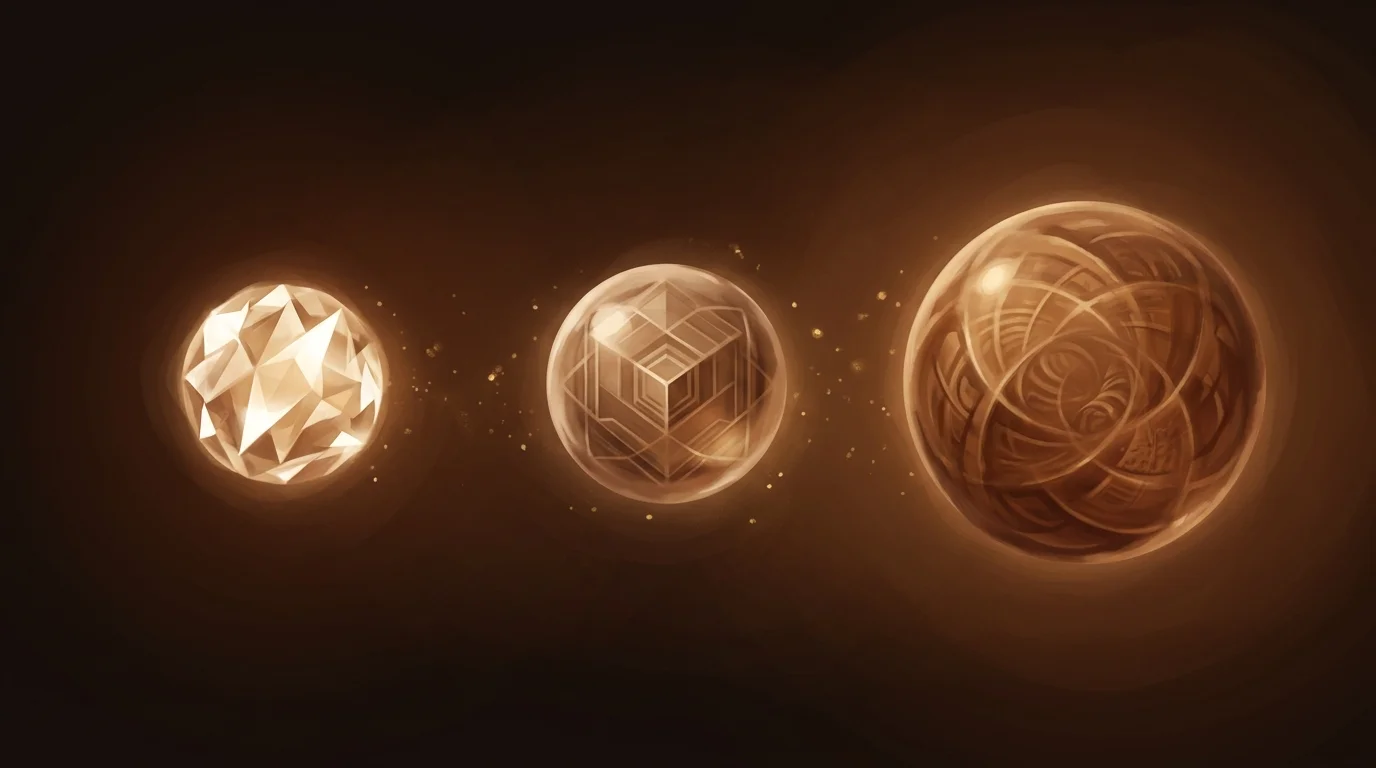 Three luminous orbs of different sizes floating in warm amber space — the smallest sharp and fast, the medium one detailed and structured, the largest deep and radiant with internal complexity