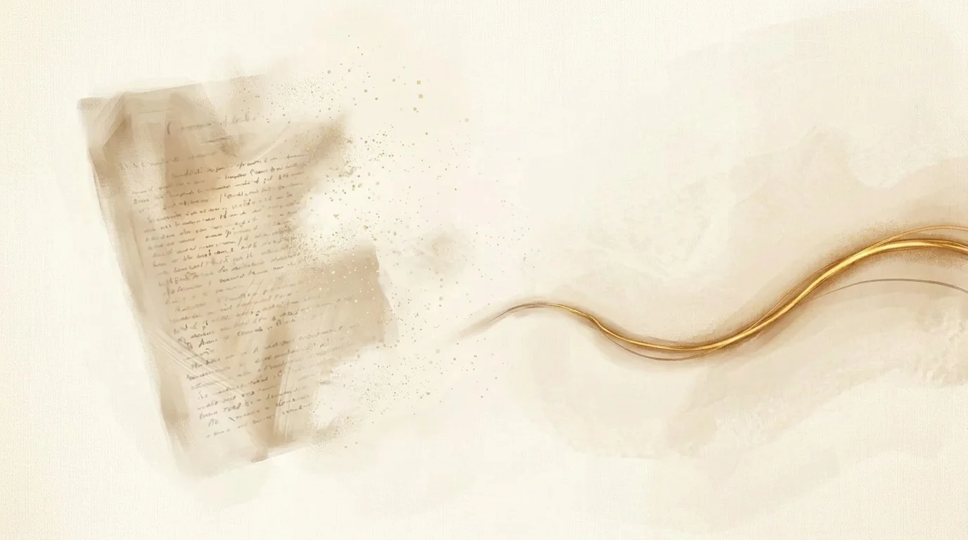 The ghost of a document fading on the left side of the frame — text dissolving into faint pixels — while on the right a single bright golden thread emerges and flows out into open space. The doc is dying; the flow is alive.