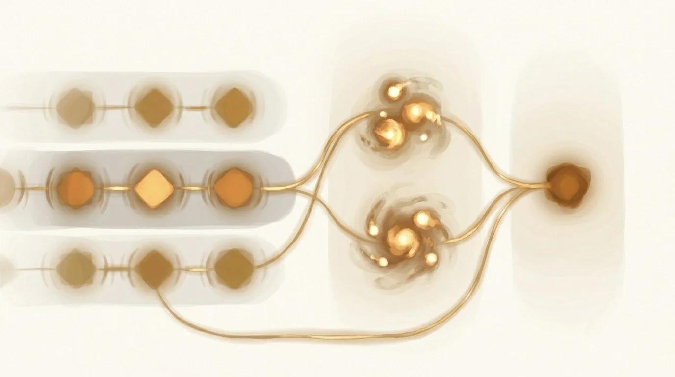 A structured flow rendered as luminous shapes — distinct zones for deterministic execution (regular geometric pulses), AI judgment (swirling brighter clusters), and human-only review (one held still bright form) — connected by golden hand-off threads.