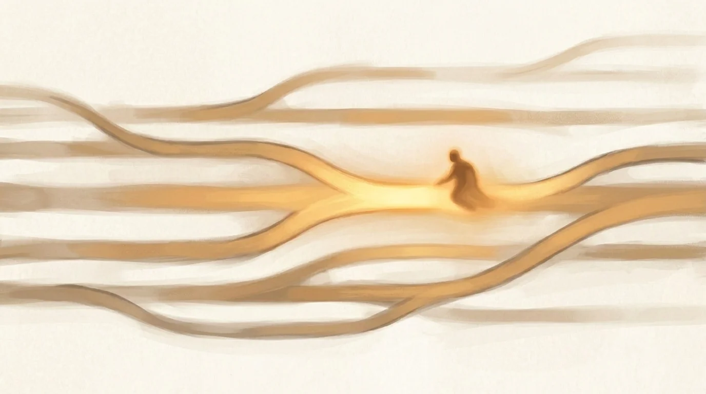 Many soft amber paths flowing horizontally at low luminosity — calm, steady, busy — with one path lit bright gold where the flow has paused and a luminous human-warm form is approaching it. The system runs; the human is paged.