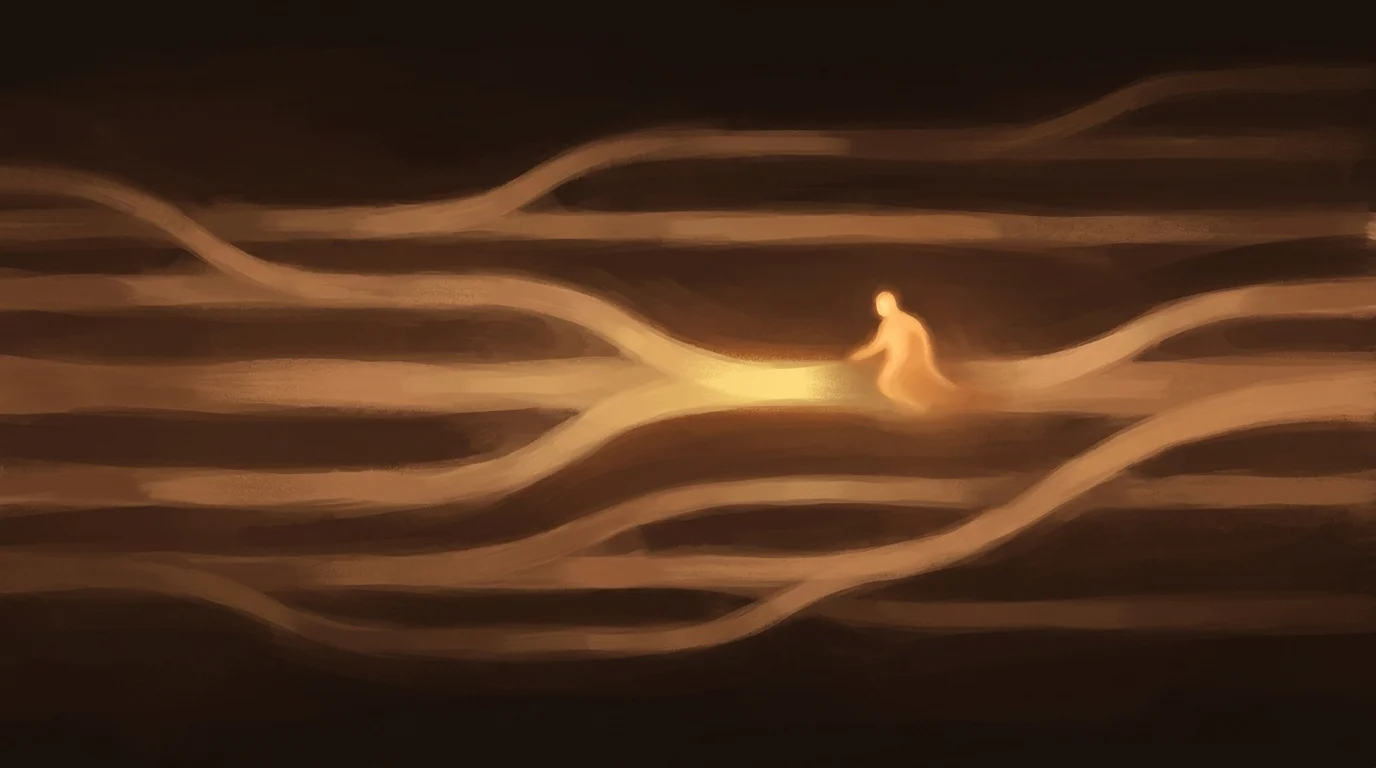 Many soft amber paths flowing horizontally at low luminosity — calm, steady, busy — with one path lit bright gold where the flow has paused and a luminous human-warm form is approaching it. The system runs; the human is paged.