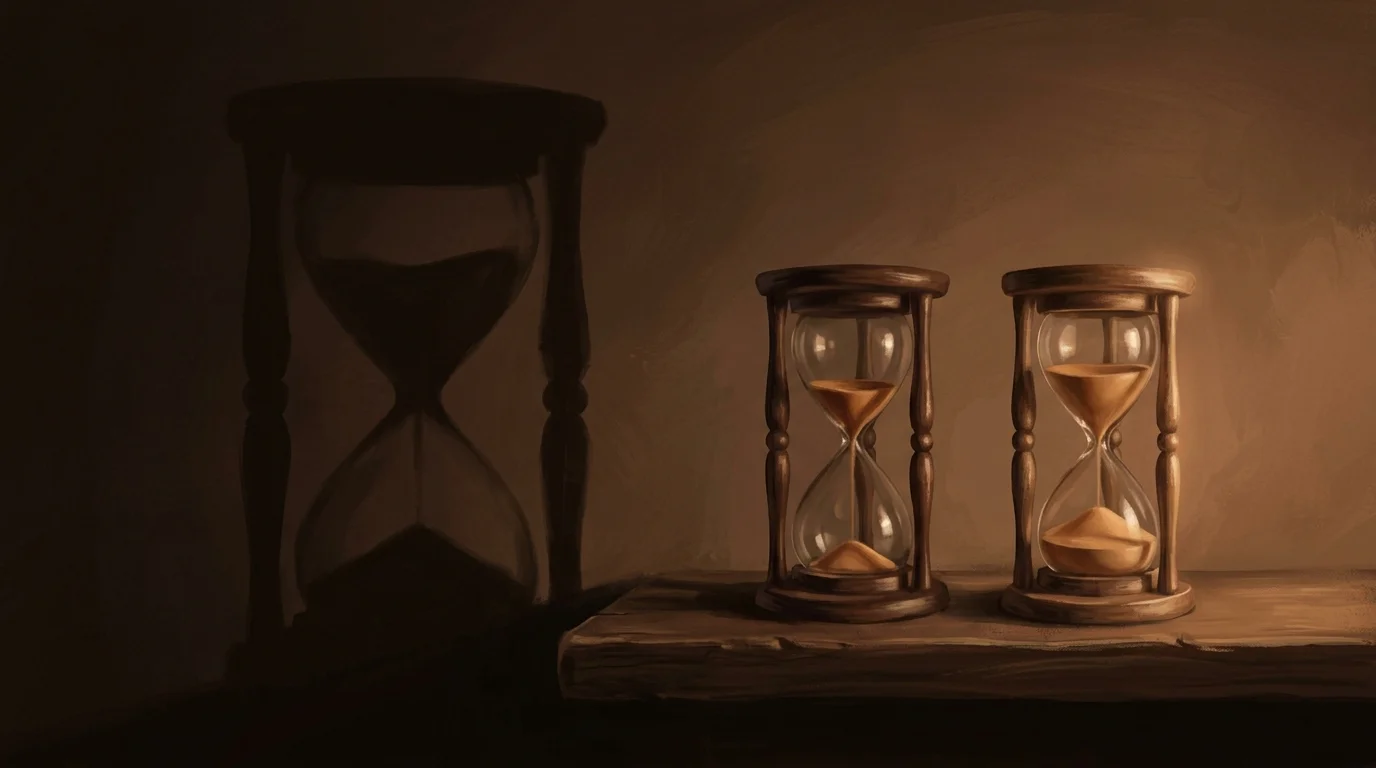 Two hourglasses side by side in warm golden light, one casting a shadow far larger than itself against the dark wall behind — the space between the object and its shadow