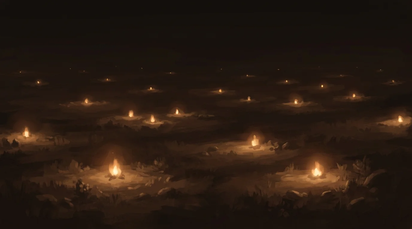 A constellation of distinct warm lights scattered across a dark expanse, each burning independently at its own brightness — no threads connecting them to any central radiance, each casting its own small pool of gold