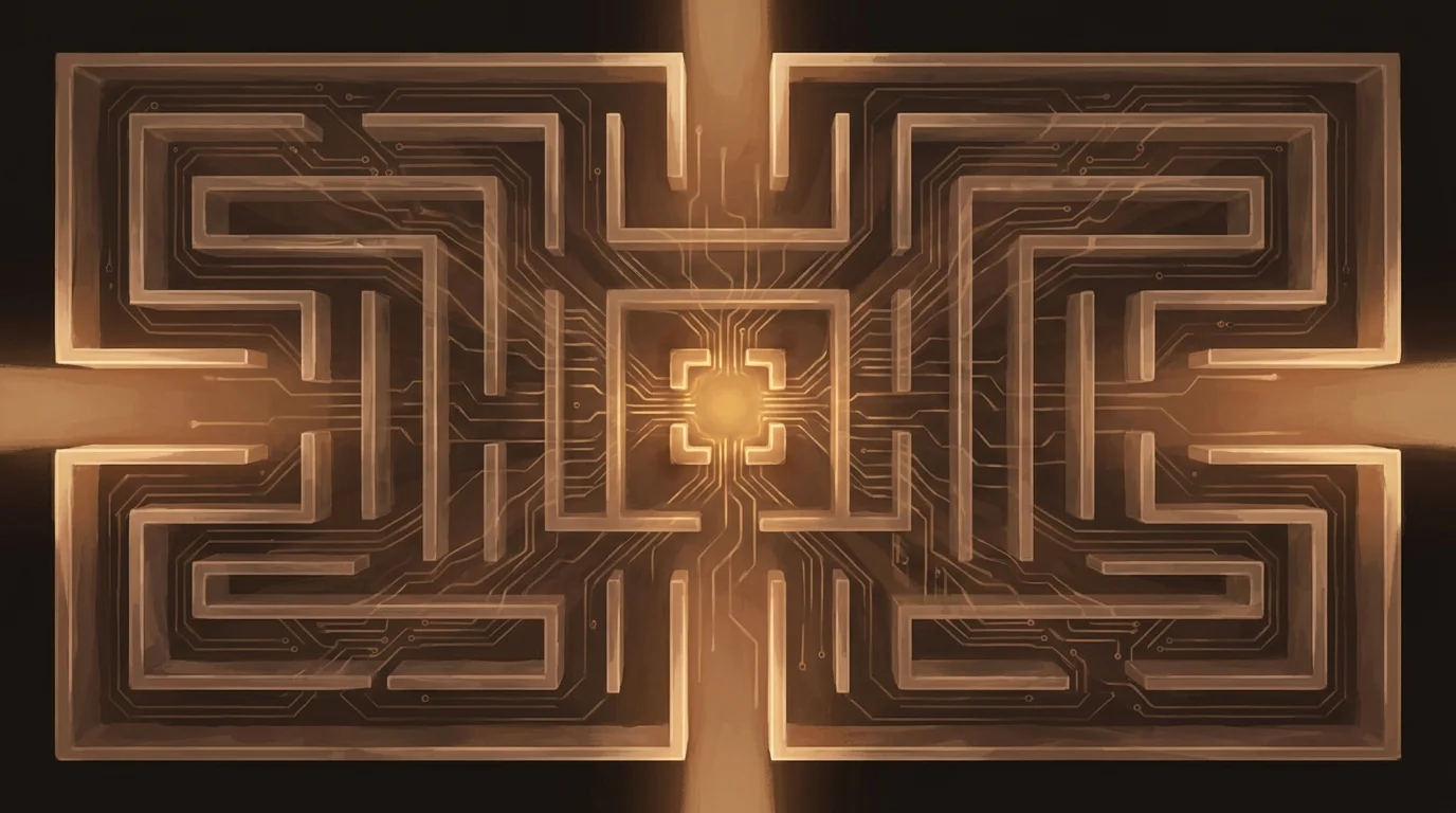 Four welcoming entry points into a translucent maze — each path wide and inviting at the edges, all converging inevitably to the same golden center