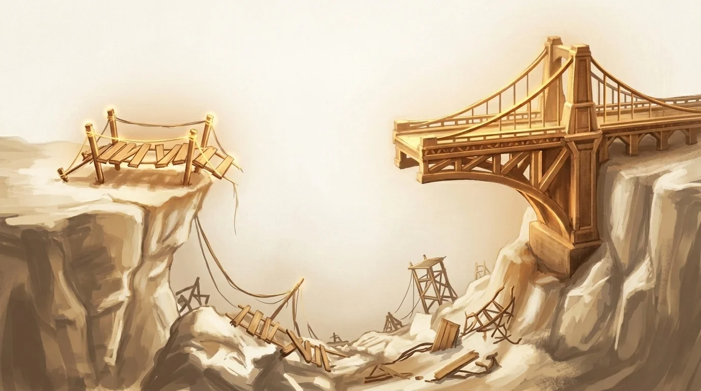 A rickety prototype bridge on one cliff edge and a solid, precisely engineered bridge on the other, with the wreckage of failed attempts scattered in the chasm between them — the gap between demo and production