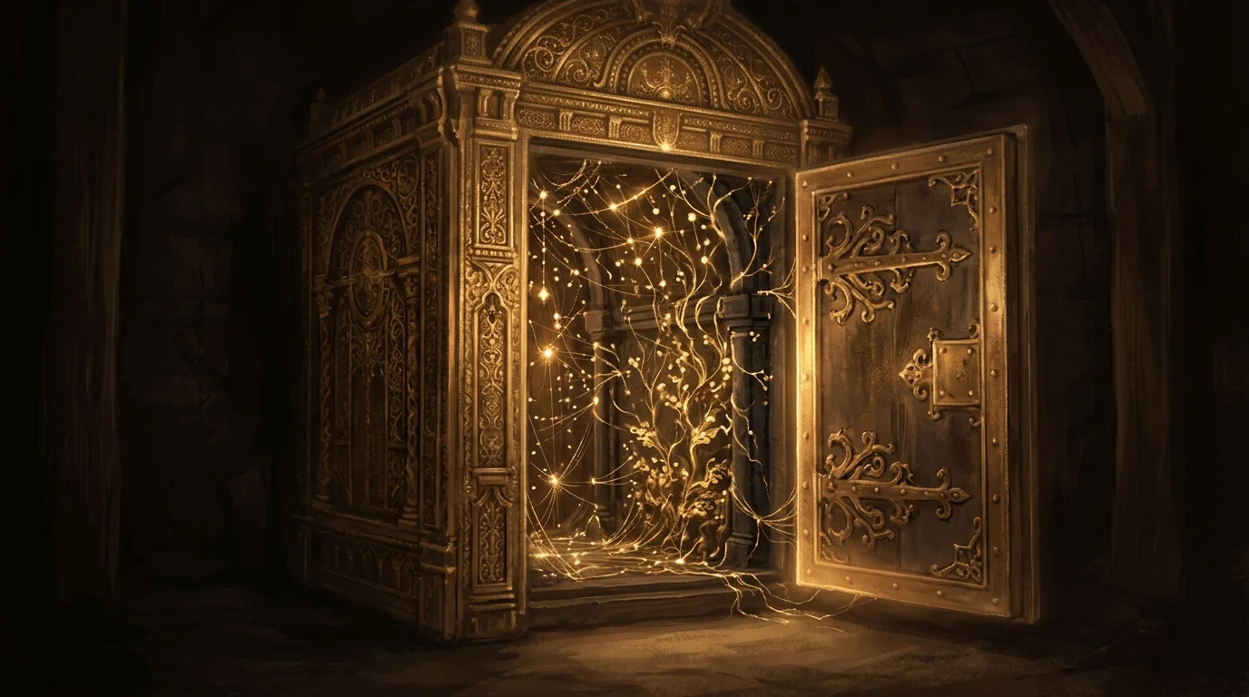 An ornate golden vault with its door slightly ajar — inside, countless luminous threads of knowledge are rooted deep into the walls, reaching toward the opening but unable to extend past the threshold