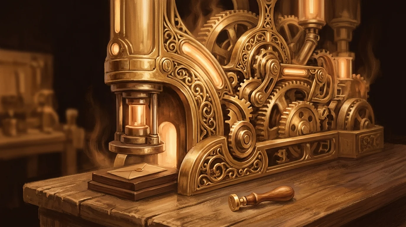 A massive ornate golden machine — gears, pistons, luminous conduits all engaged — being used to stamp a single small envelope, while a simple elegant hand tool sits idle beside it