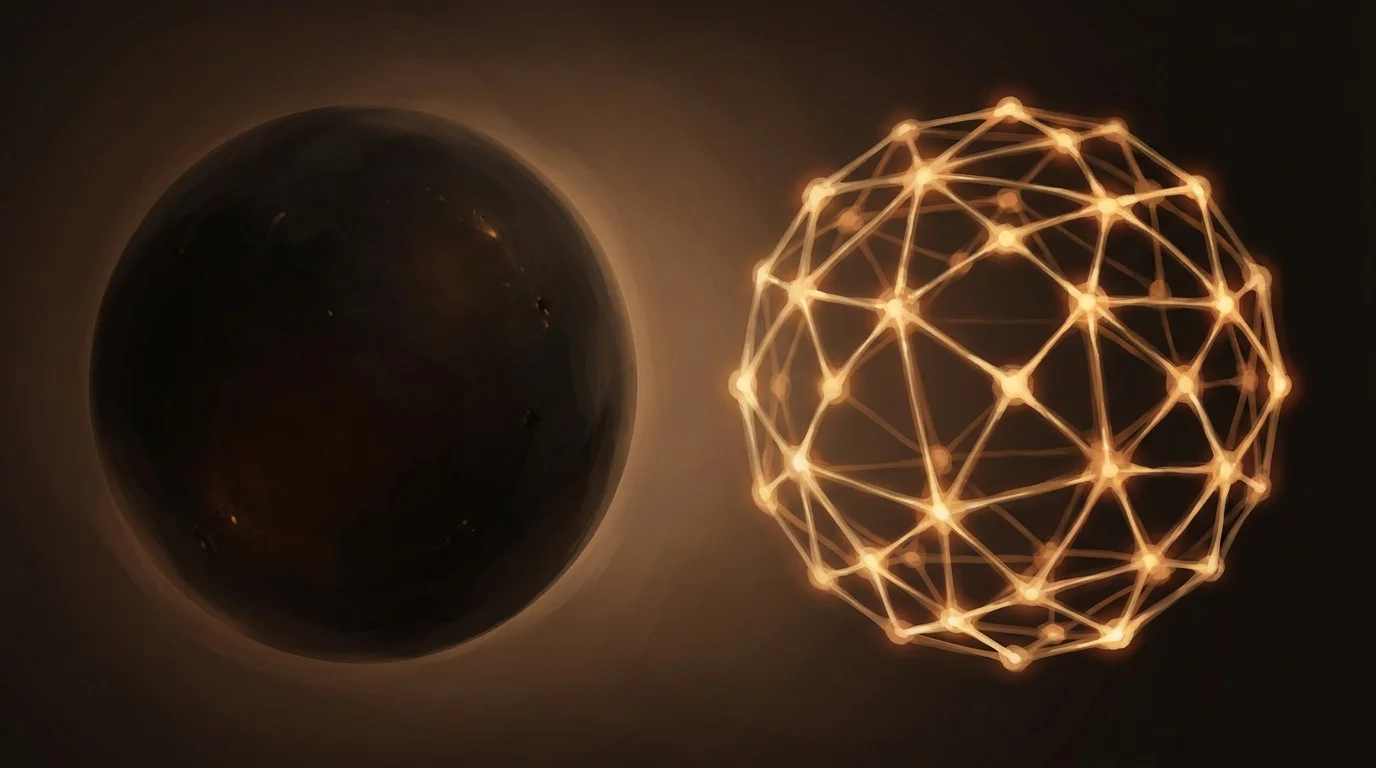 An opaque dark sphere revealing nothing beside an open golden lattice structure where every node and connection is traceable — the difference between a black box and an auditable system