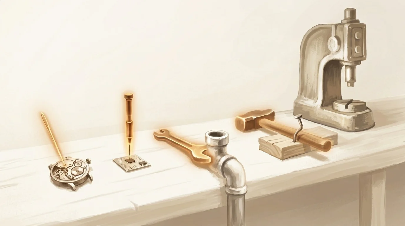 A workbench with tools arranged from small to large — each glowing proportionally to its use, each paired with an appropriately sized task, the right instrument for each job