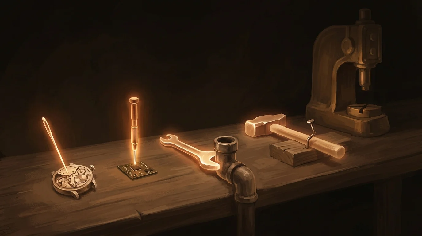 A workbench with tools arranged from small to large — each glowing proportionally to its use, each paired with an appropriately sized task, the right instrument for each job