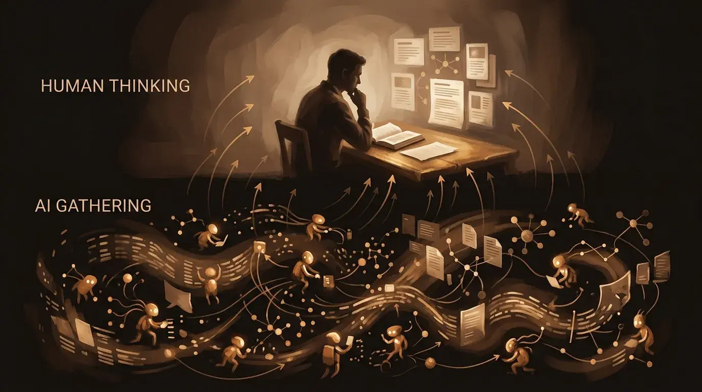 Two layers of AI-augmented research: AI handles gathering, human handles thinking and judgment